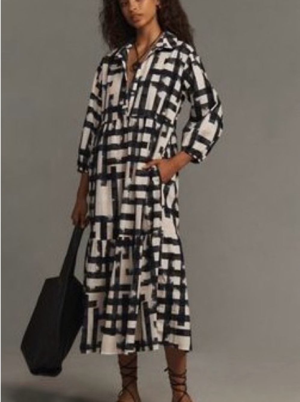 Maeve Bettina Tiered Woven Grid Print Button-Front Midi Dress - Black & White